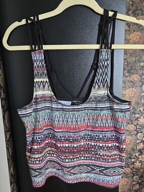 Deb Multicolor Tribal-Print Cropped Tank with Black Strappy Back